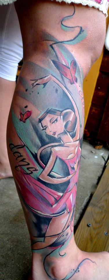 Abstract Women Tattoo On Right Leg Calf