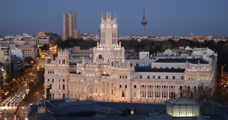 Aerial View Of Madrid With Car Traffic Jam And Cybele Palace