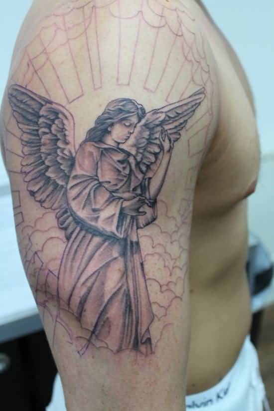 Amazing Grey Angel Tattoo On Right Bicep