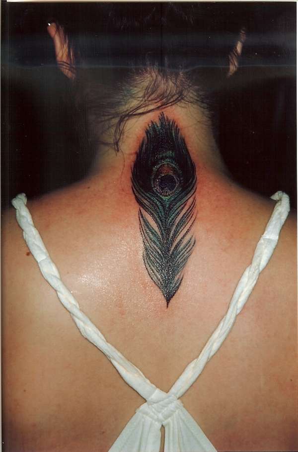 Amazing Peacock Feather Tattoo On Upper Back