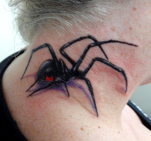Amazing Spider Tattoo On Girl Side Neck