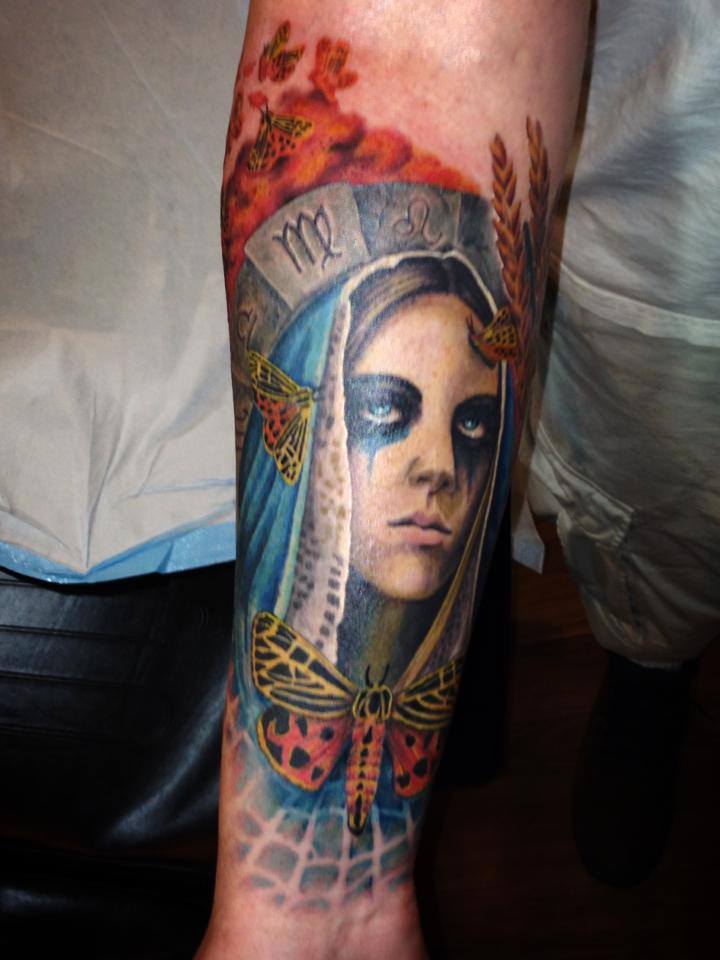 Amazing Women Face Portrait With Butterflies Tattoo On Right Forearm By Omar