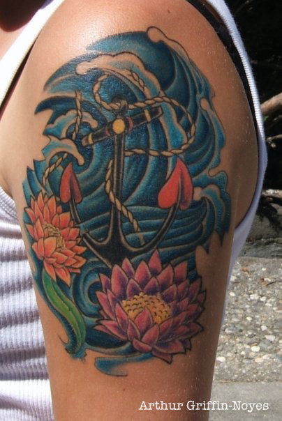 Anchor With Flowers Tattoo On Left Half Sleeve
