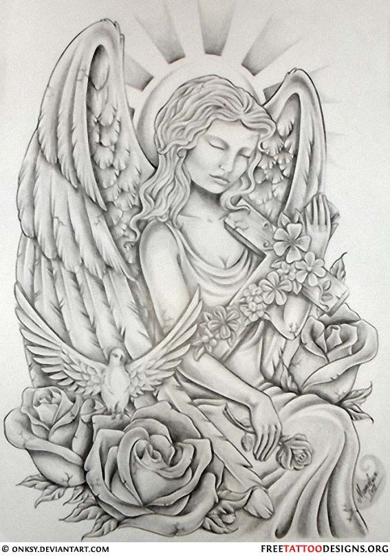 Angel With Cross And Roses Tattoo Design