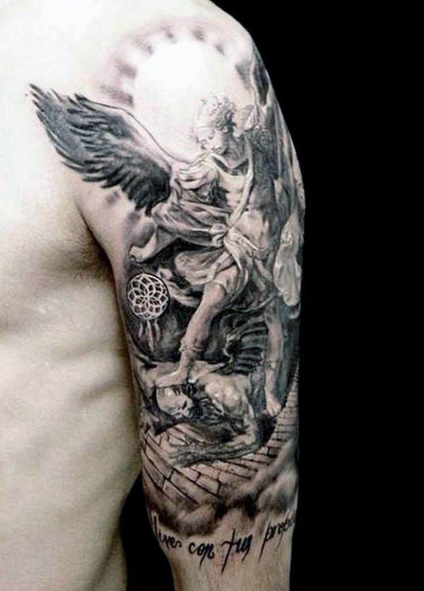 Archangel Grey Ink Half Sleeve Tattoo