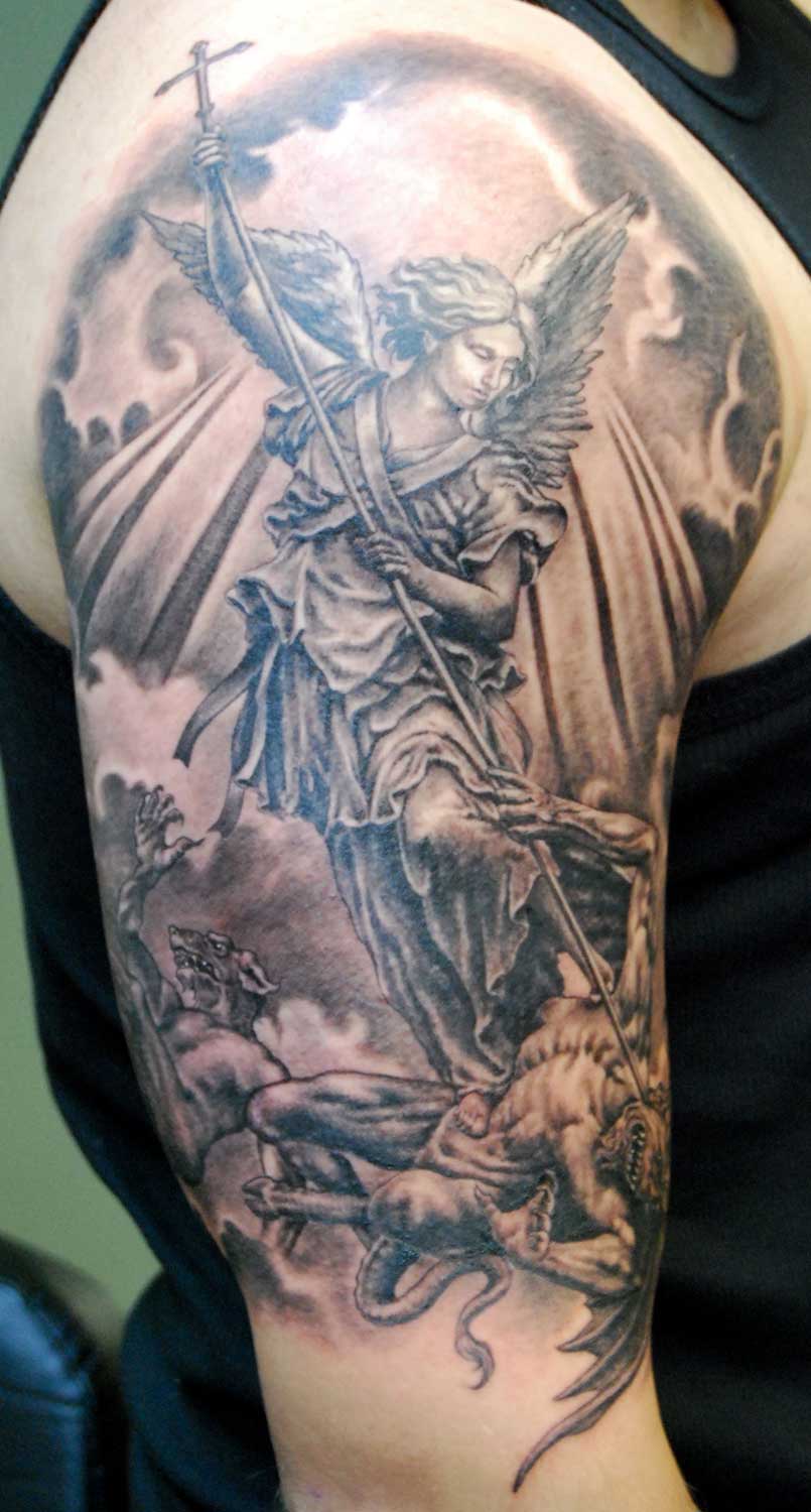 Archangel Tattoo On Right Half Sleeve