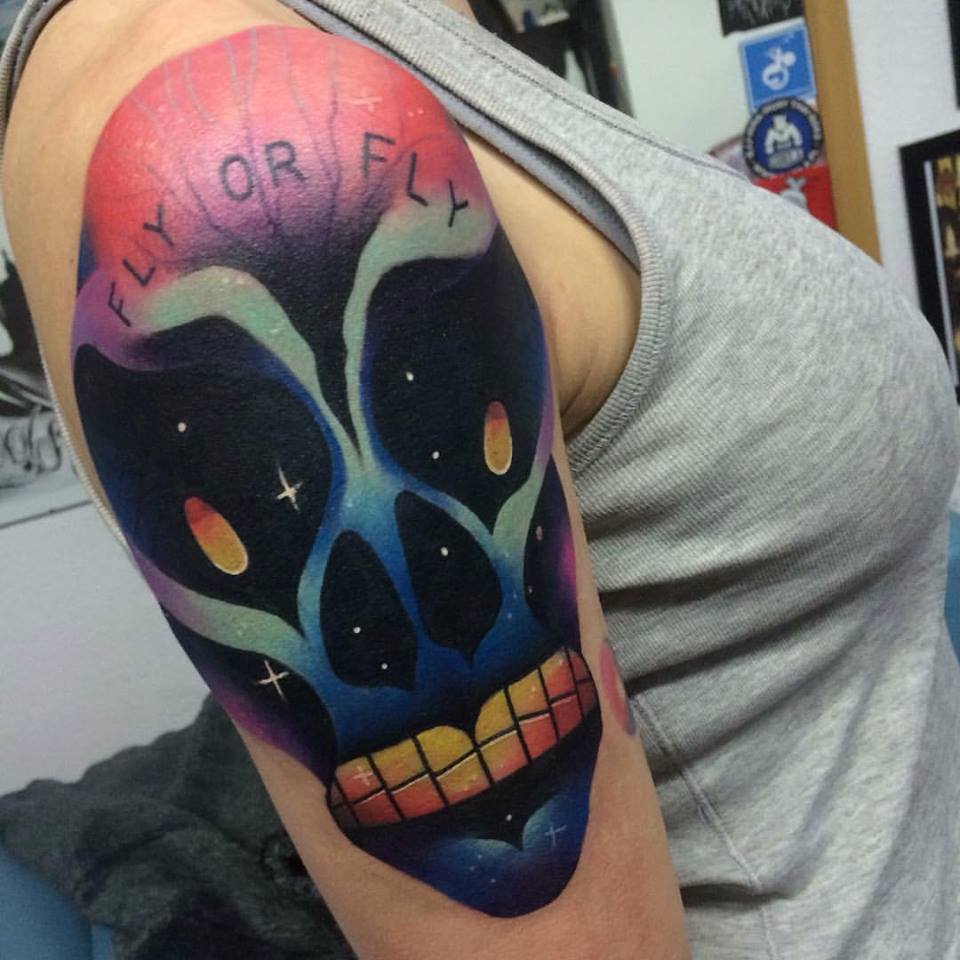 Atractive Abstract Skull Tattoo On Women Right Half Sleeve By Giena Todryk