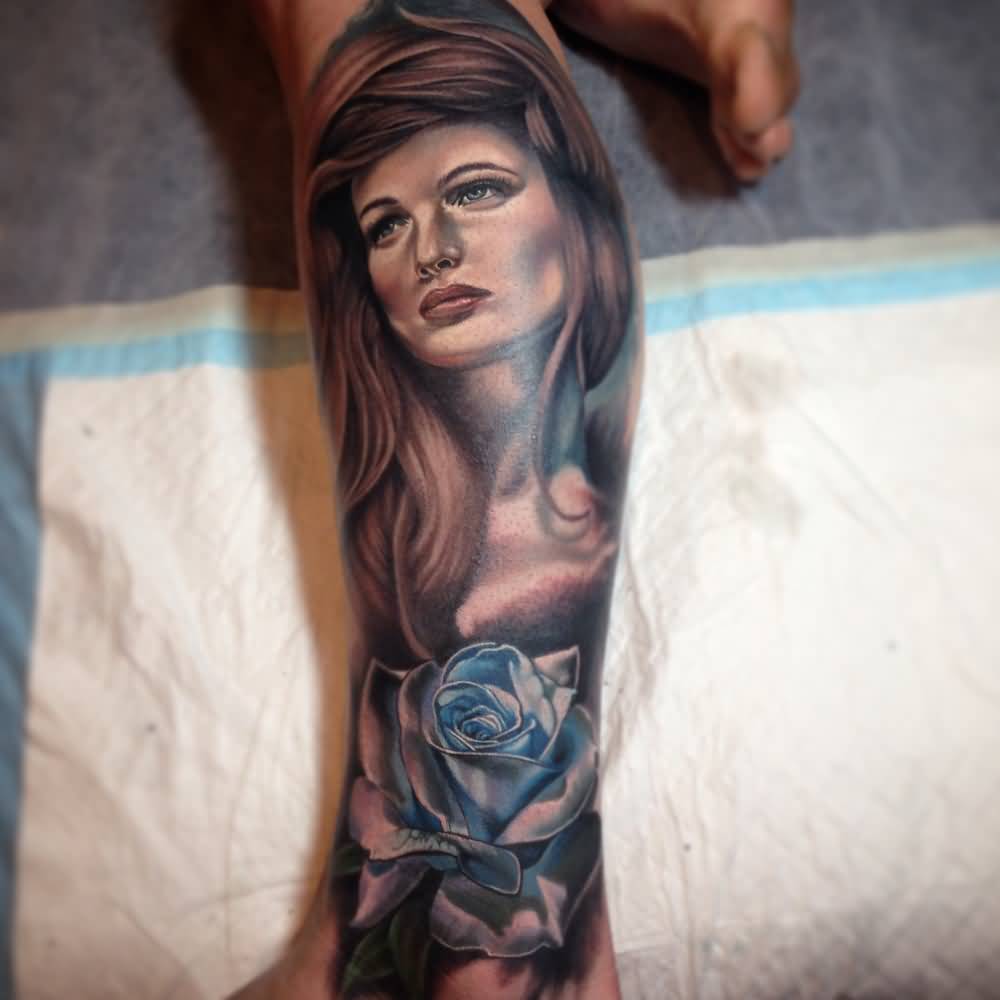 Attractive 3D Girl Portrait With Rose Tattoo On Left Leg By Fabz