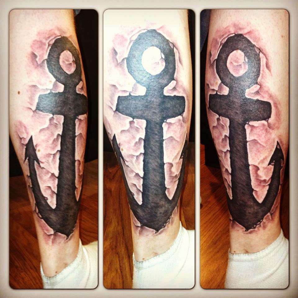 Attractive Black Ink Anchor Tattoo On Leg By Omar