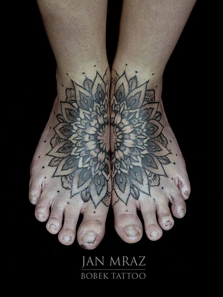 Attractive Black Ink Flower Tattoo On Feet By Jan Mraz