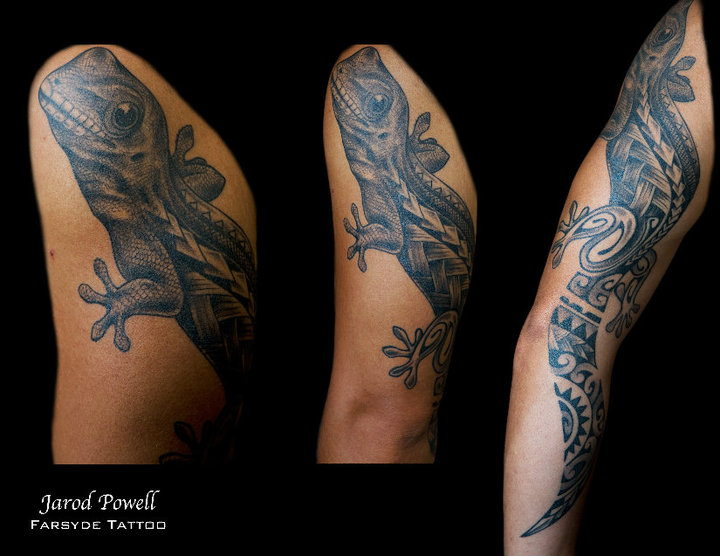 Attractive Black Ink Gecko Tattoo On Left Half Sleeve By Jarod Powell