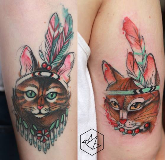 Attractive Cat Head Tattoo On Right Half Sleeve By Yadou