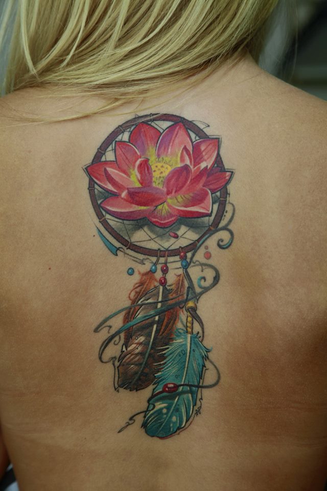 Attractive Dreamcatcher With Lotus Flower Tattoo On Women Upper Back By Dmitriy Samohin
