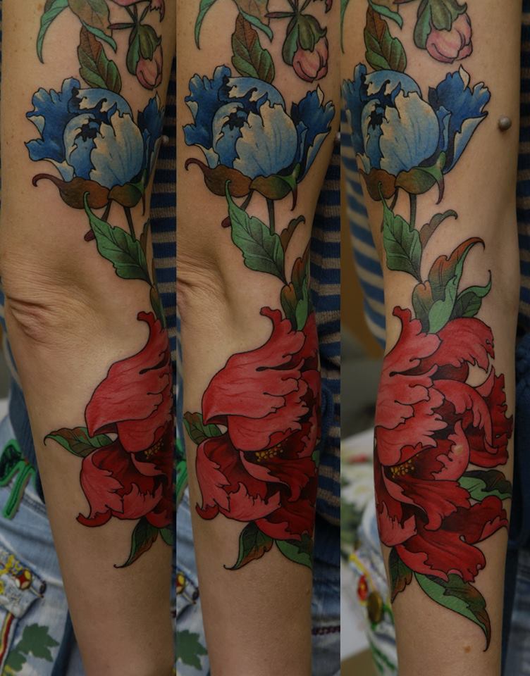 Attractive Flowers Tattoo On Full Sleeve By Dmitriy Samohin