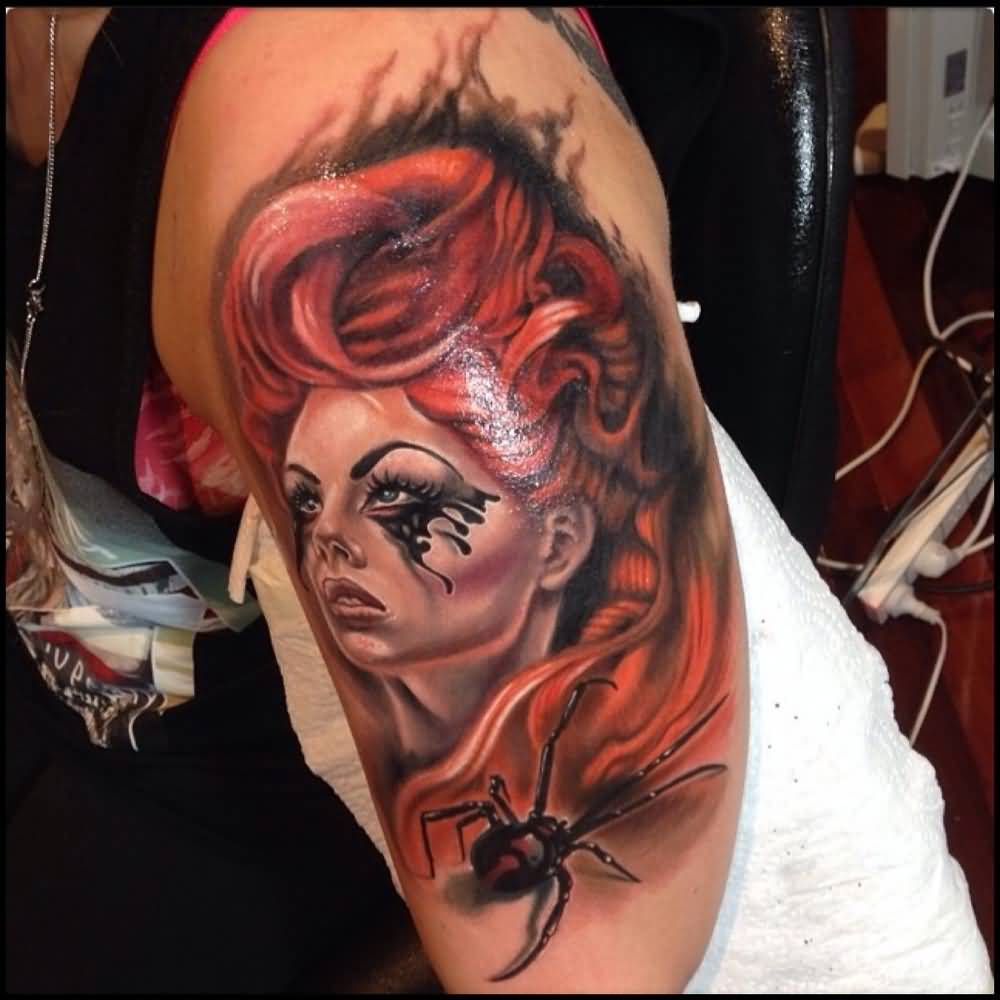 Attractive Girl Face Portrait With Spider Tattoo On Man Left Half Sleeve By Fabz