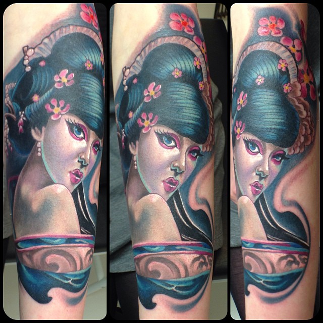 Attractive Girl Portrait Tattoo On Right Arm