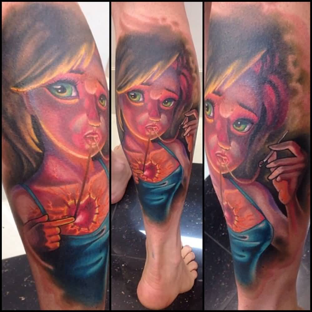Attractive Girl Portrait Tattoo On Right Leg Calf