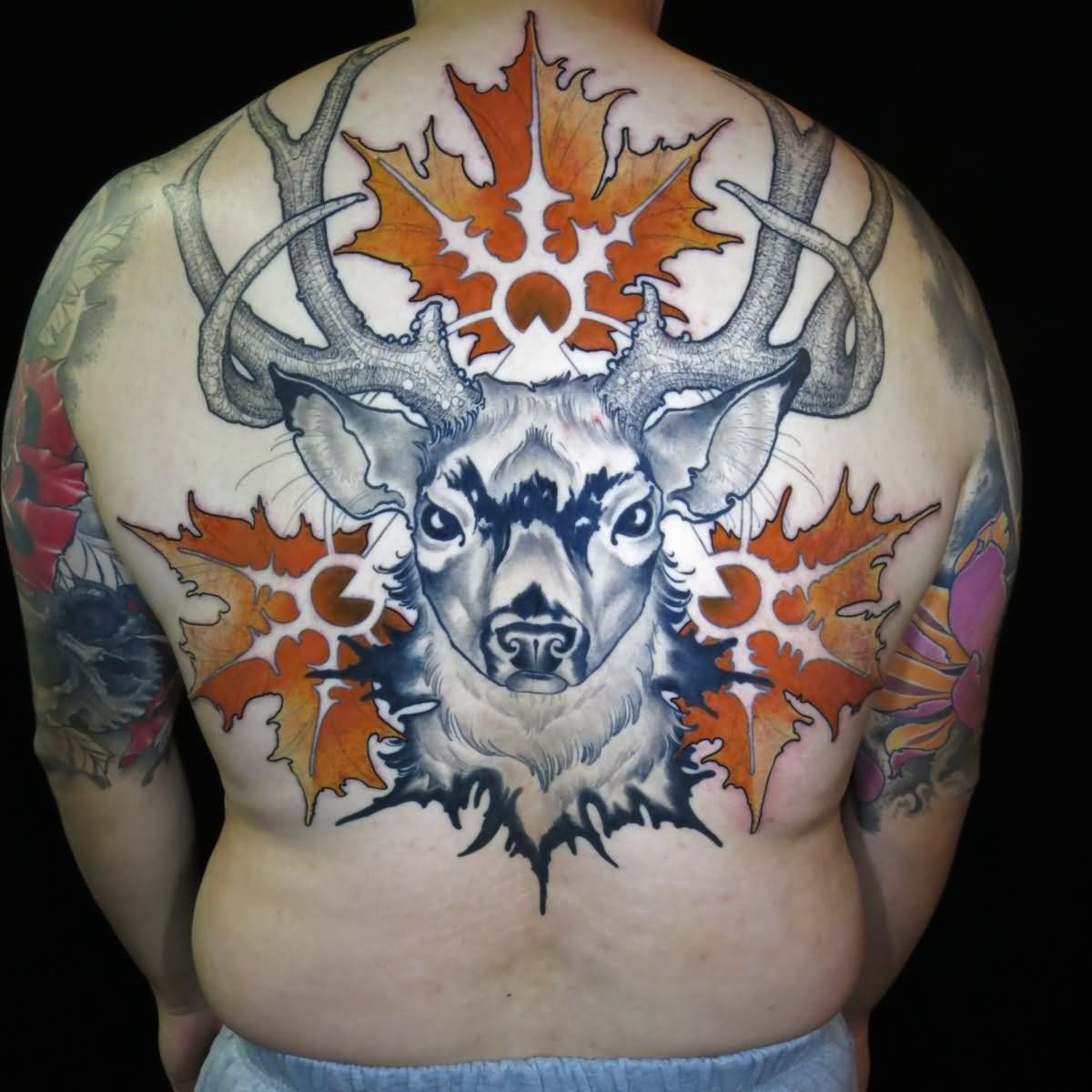 Attractive Grey Ink Deer Head Tattoo On Man Full Back By Ben Merrell