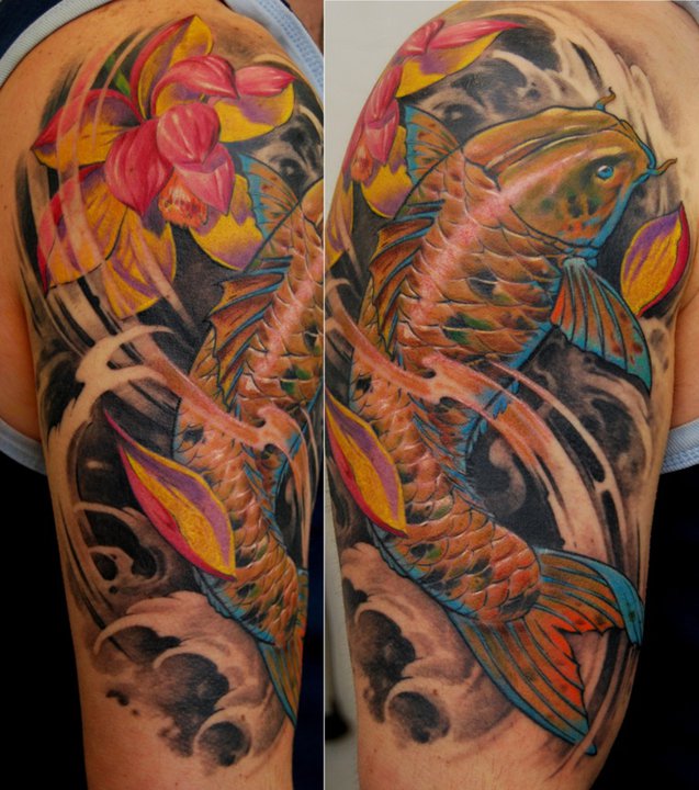 Attractive Koi Fish Tattoo On Right Half Sleeve By Dmitriy Samohin