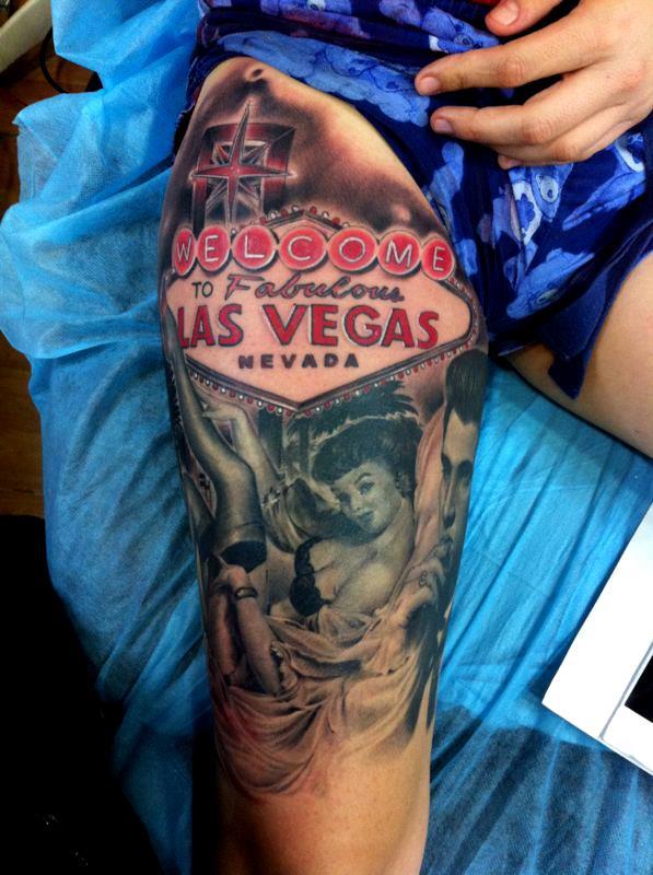 Attractive Pin Up Girl Tattoo On Right Thigh By Fredy
