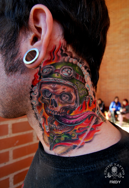 Attractive Skull Tattoo On Man Left Side Neck By Fredy