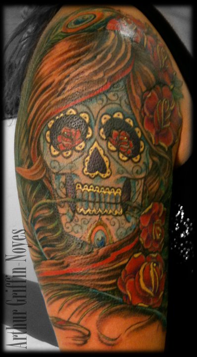 Attractive Sugar Skull Tattoo On Right Half Sleeve By Arthur Griffin Noyes