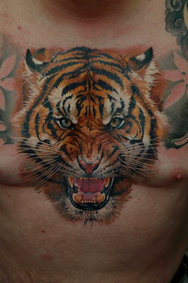 Attractive Tiger Head Tattoo On Man Chest By Dmitriy Samohin