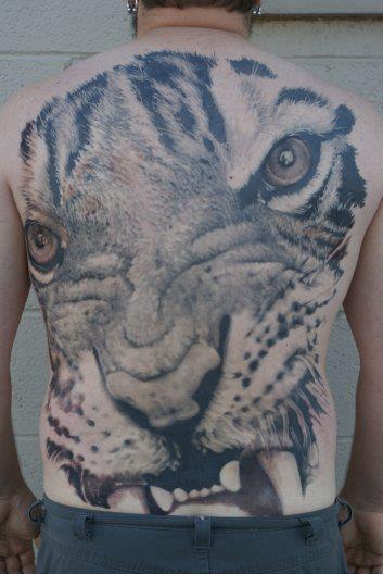 Attractive Tiger Head Tattoo On Man Full Back By Tom Renshaw