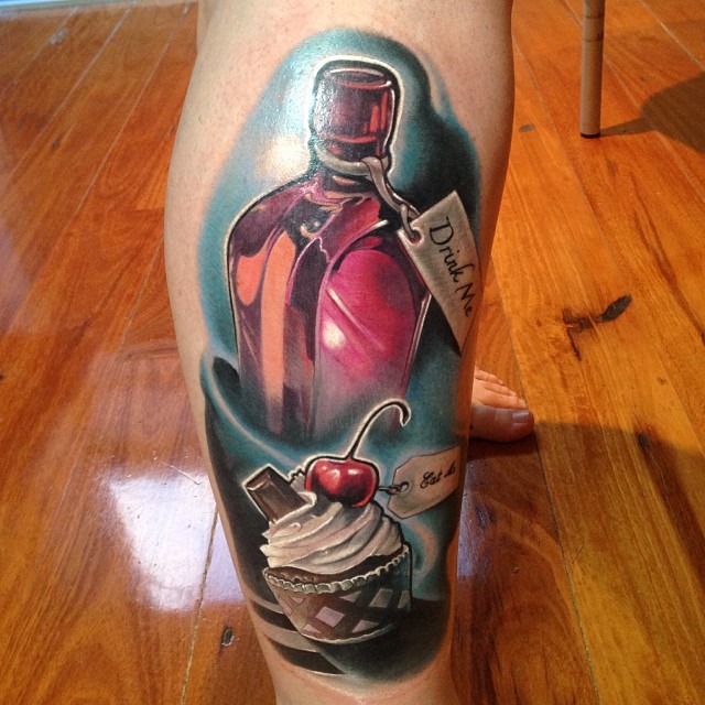 Awesome 3D Bottle With Cup Cake Tattoo On Right Leg