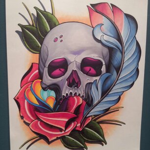 Awesome 3D Skull With Rose And Feather Tattoo Design By Kapitoliy