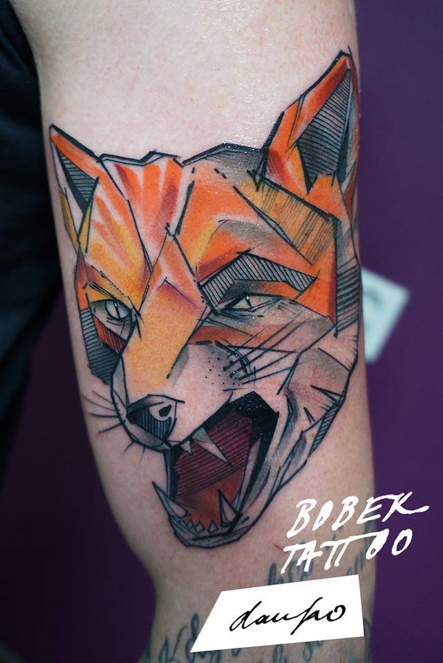Awesome Abstract Fox Tattoo On Bicep By Dan Ko
