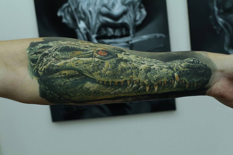 Awesome Alligator Head Tattoo On Left Forearm