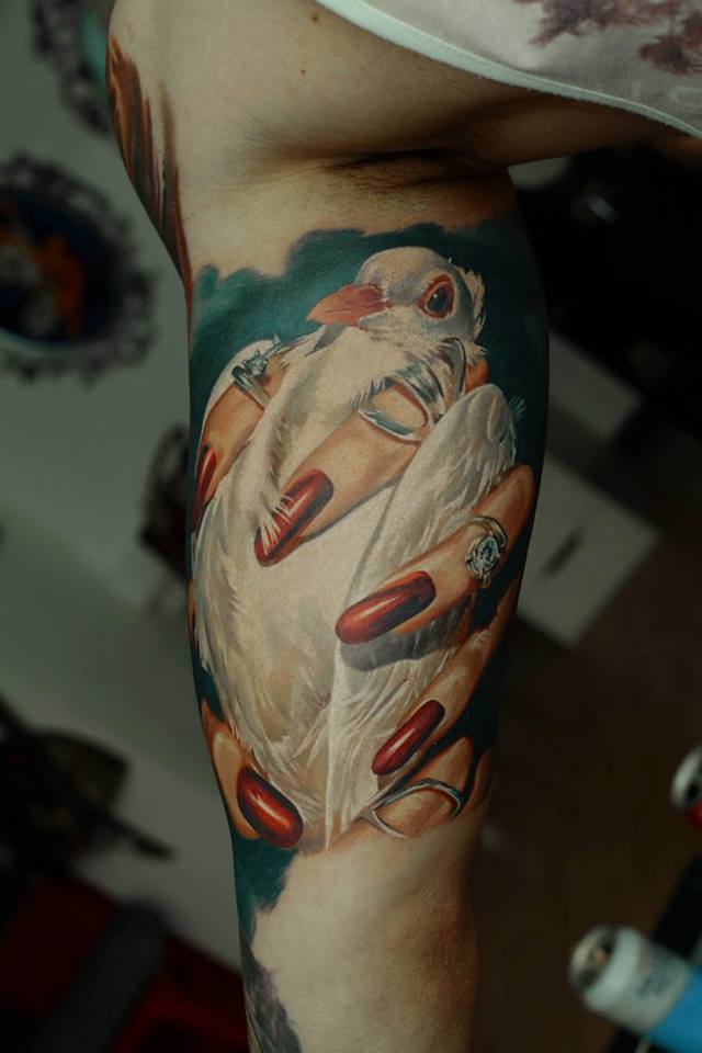 Awesome Bird Tattoo On Right Bicep By Dmitriy Samohin