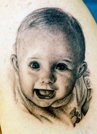 Awesome Black And Grey Cute Baby Portrait Tattoo Design By Tom Renshaw