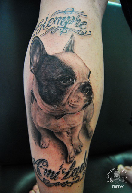 Awesome Black And Grey Dog Tattoo On Leg Calf
