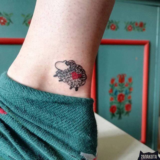 Awesome Black Outline Sheep Tattoo On Ankle
