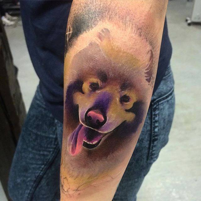 Awesome Dog Face Tattoo On Right Sleeve By Giena Todryk