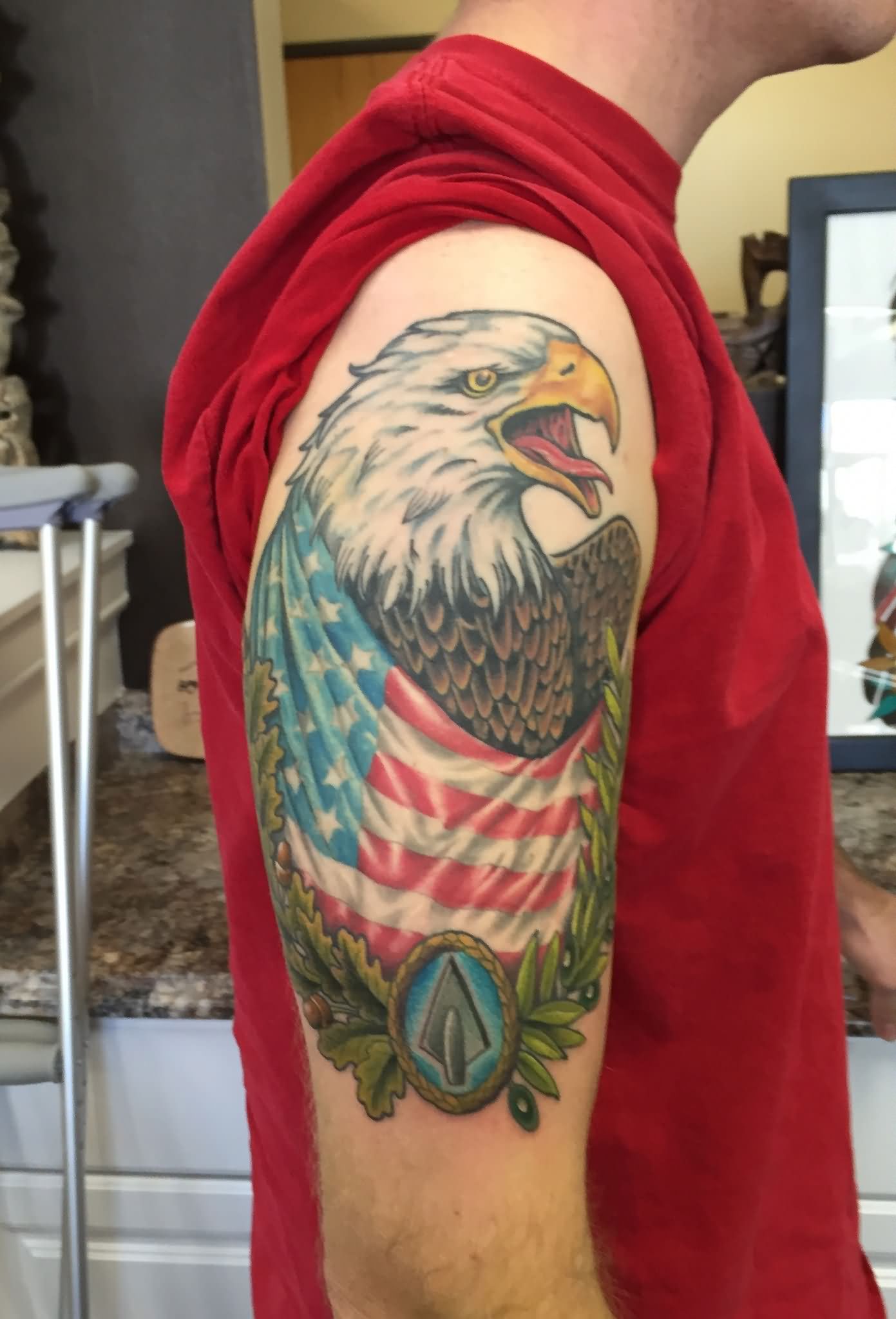 Awesome Eagle With USA Flag Tattoo On Man Right Half Sleeve By Daniel Troyer