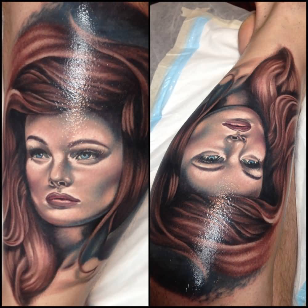 Awesome Girl Face Portrait Tattoo On Left Leg Calf