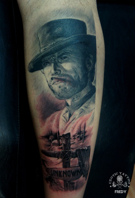 Awesome Grey Ink Smoking Man Portrait Tattoo On Leg Calf By Fredy