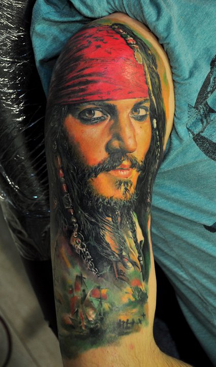 Awesome Jack Sparrow Portrait Tattoo On Right Half Sleeve By Dmitriy Samohin