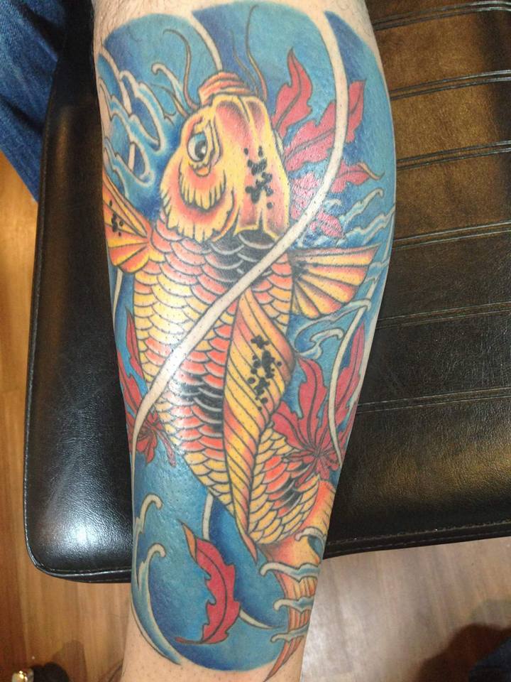 Awesome Koi Fish Tattoo On Leg Calf By Zak Schulte