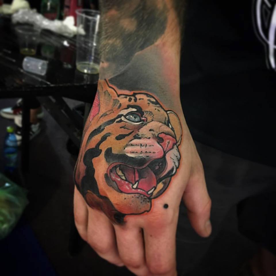 Awesome Leopard Head Tattoo On Right Hand By Kubec