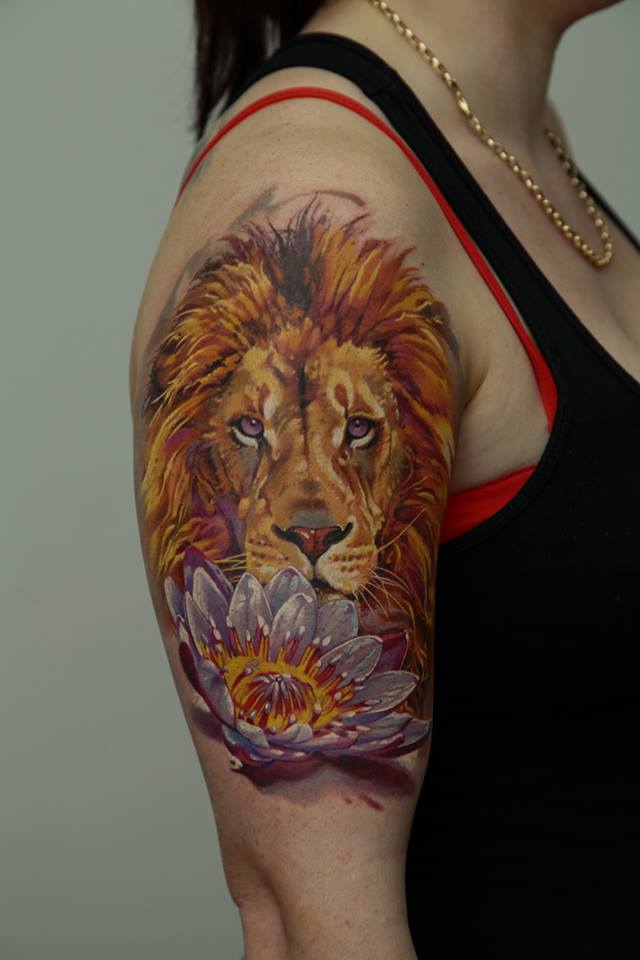 Awesome Lion Head With Lotus Flower Tattoo On Right Half Sleeve By Dmitriy Samohin