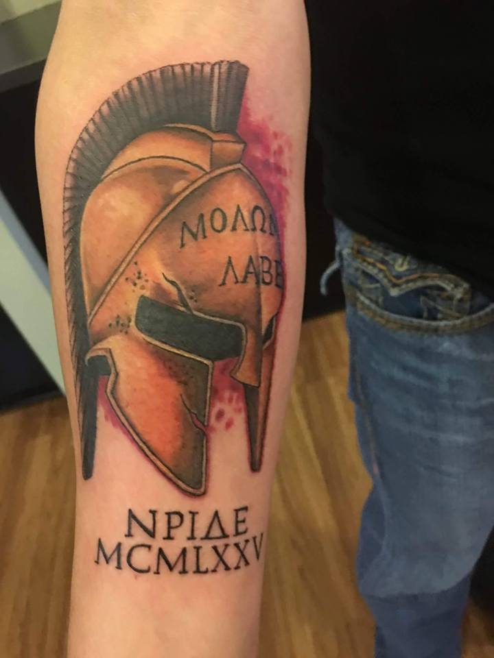 Awesome Sparta Mask Tattoo On Right Forearm By Zak Schulte