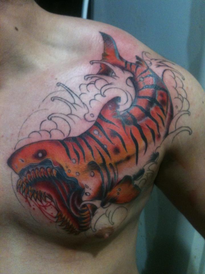 Awesome Tiger Shark Tattoo On Man Left Chest By Piglegion
