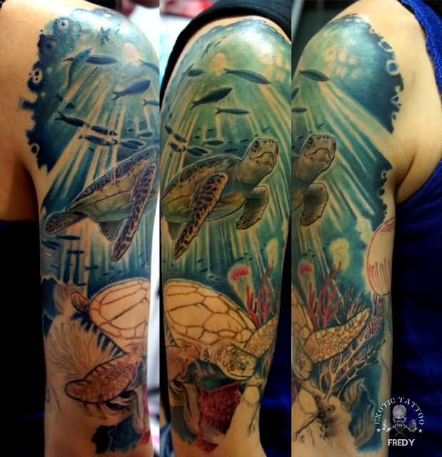 Awesome Turtles Tattoo On Half Sleeve