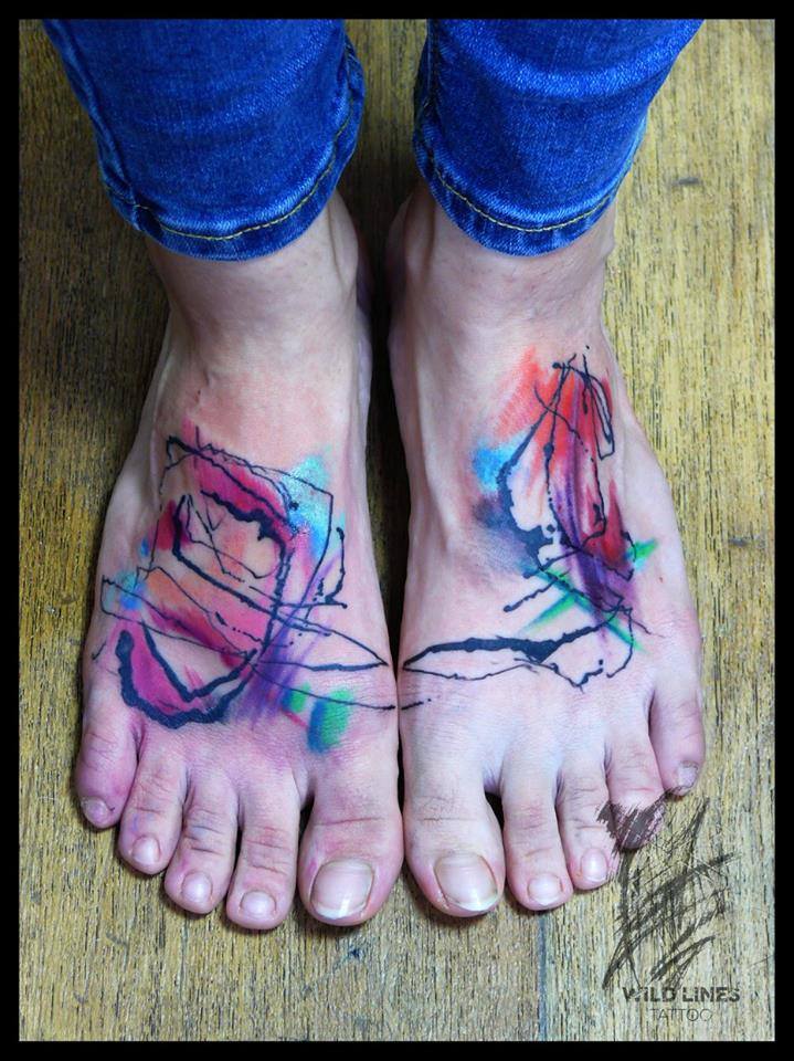 Awesome Watercolor Tattoo On Feet By Dodo Deer