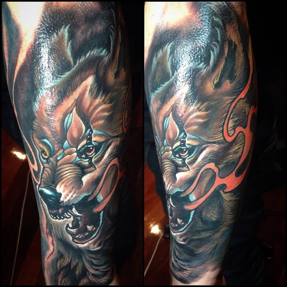 Awesome Wolf Head Tattoo On Left Leg By Fabz