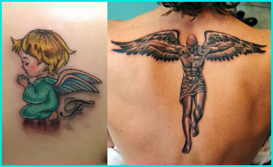 Baby Angel And Angel Tattoo On Back